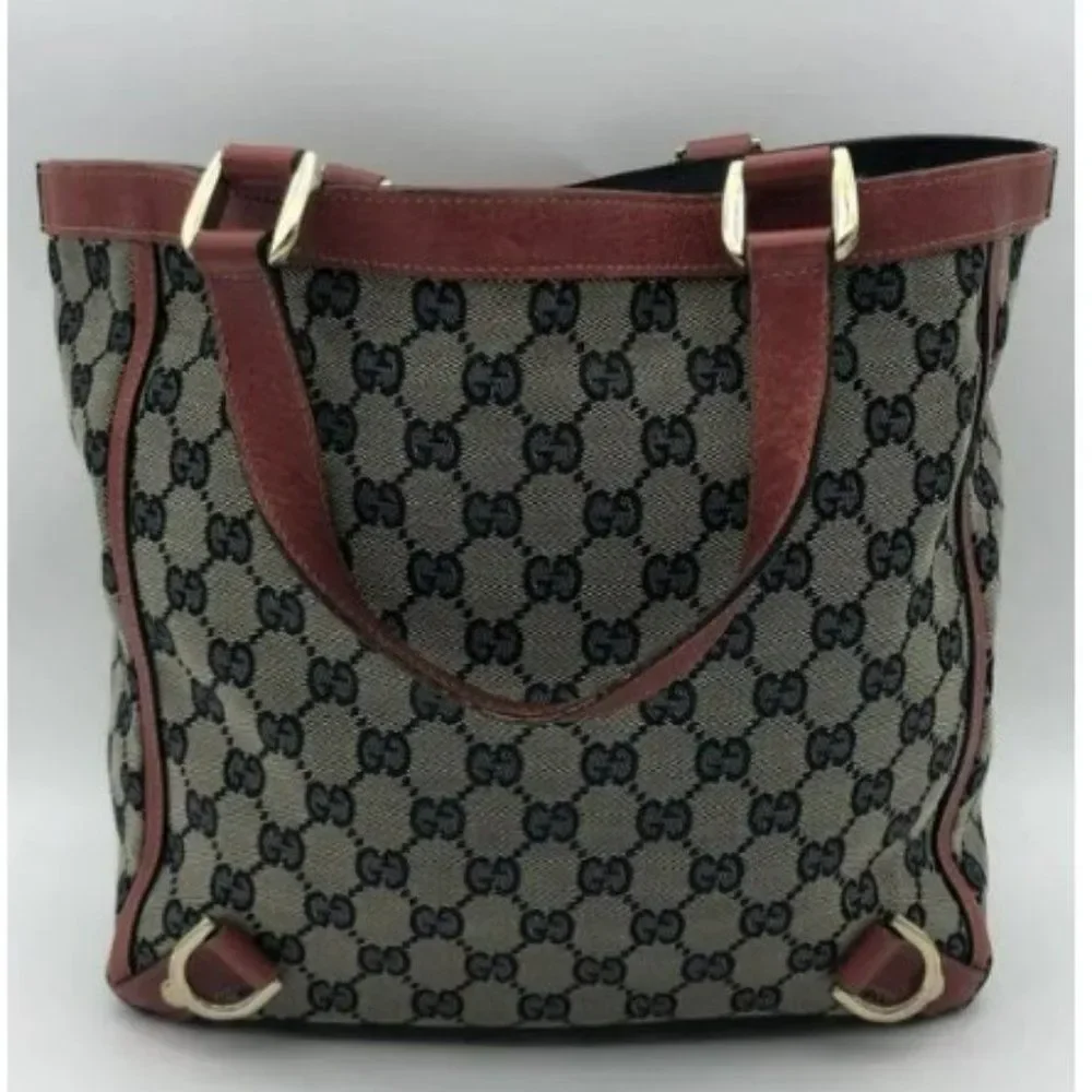 Authentic Gucci 3 Rings Abbey Hobo Handbag- Navy/Red Monogrammed Canvas - Picture 4 of 8